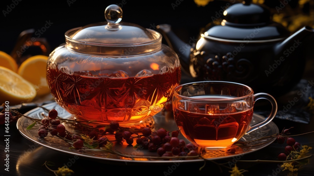 Hot Tea in a teapot and Cup on a darker background Hot Tea in a teapot and Cup on a darker background
