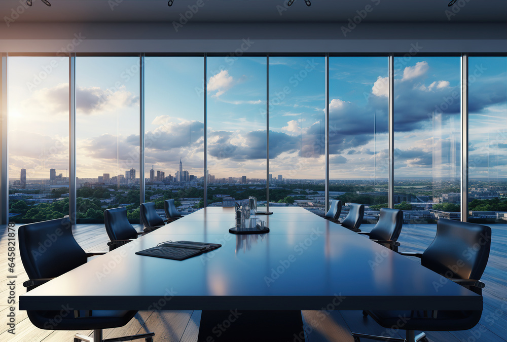 Fototapeta premium Modern office meeting room interior with glass windows. Created with Generative AI