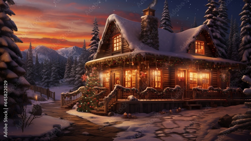an image of a rustic cabin with a towering Christmas tree in front, illuminated by a warm, inviting glow