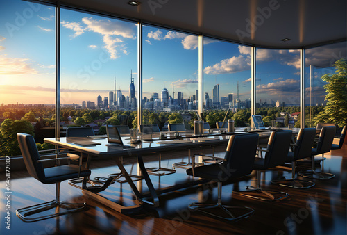 Modern office meeting room interior with glass windows. Created with Generative AI