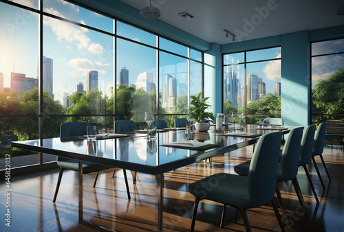 Modern office meeting room interior with glass windows. Created with Generative AI