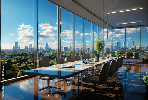 Modern office meeting room interior with glass windows. Created with Generative AI