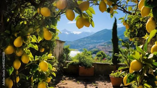 lemon tree with fresh yellow juicy fruits at summer, generative AI
