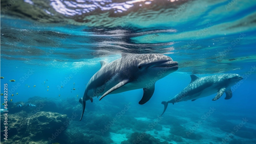 Fototapeta premium Dolphins swimming over coral reef in the Red Sea. Toned image