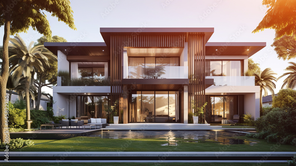 modern house or villa with garden, contemporary architecture, generative AI