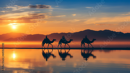 silhouette of camel caravan with bedouins travelling desert, sand an sky, generative AI