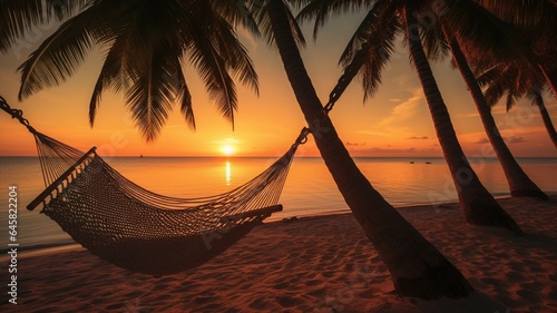 Silhouette of hammock on the beach with palm tree at sunset © Samira