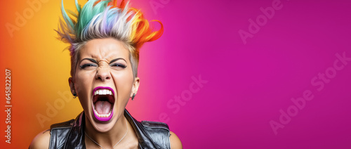 Young woman with colourful dyed hair, screaming or shouting. Wide banner copy space on side. Generative AI © Lubo Ivanko