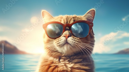 Funny cat with sunglasses on the background of the sea and mountains.