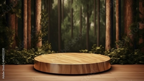 Empty wooden product stand in the forest. Mock up for display of product