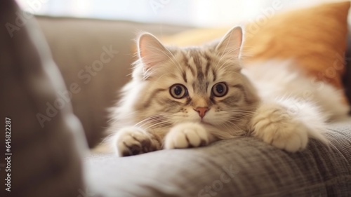 Cute ginger cat lying on sofa and looking at camera, closeup © Samira