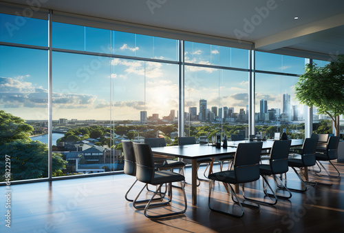 Modern office meeting room interior with glass windows. Created with Generative AI