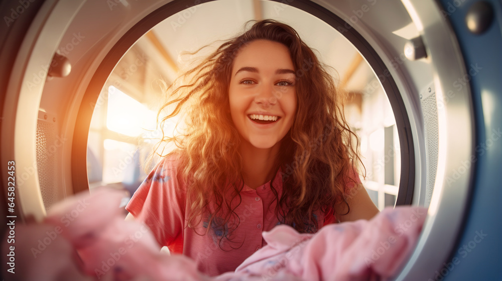 happy female loading washing machine at laundry, generative AI - obrazy, fototapety, plakaty 