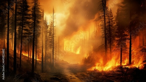 Forest fire in the winter. Illustration of a burning forest.