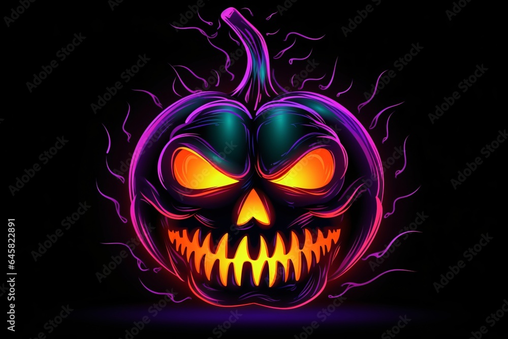 Graphic neon pumpkin lantern with evil smile