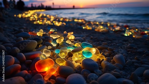 Colorful glass hearts on the beach at sunset. Colorful stones on the beach.