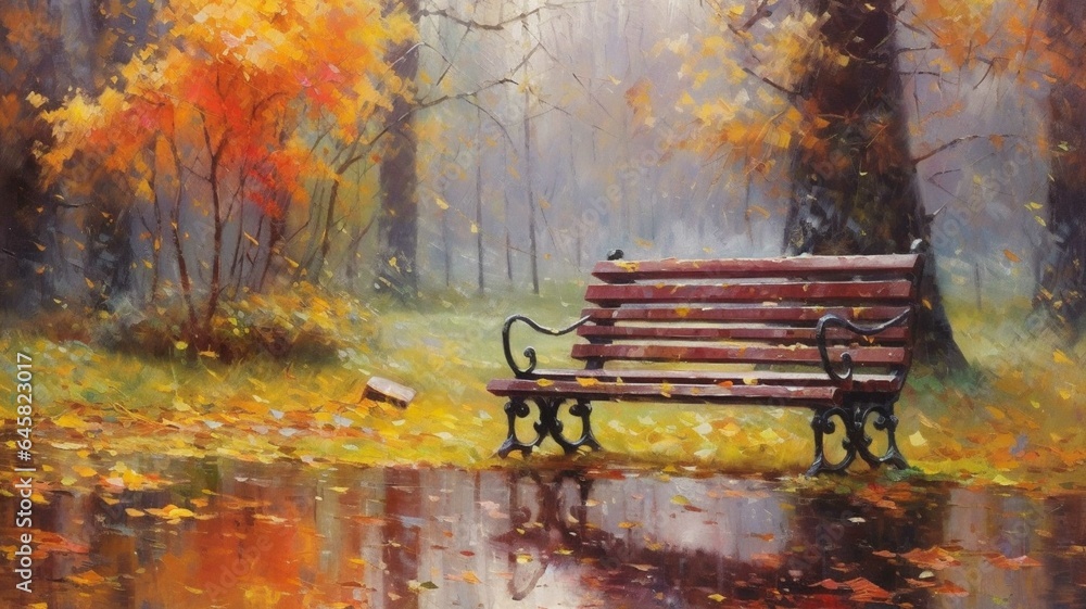 Wooden bench in the autumn park Watercolor painting on canvas