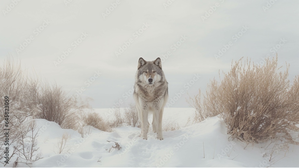 Naklejka premium Portrait of a wolf in the winter forest. Snowy landscape.
