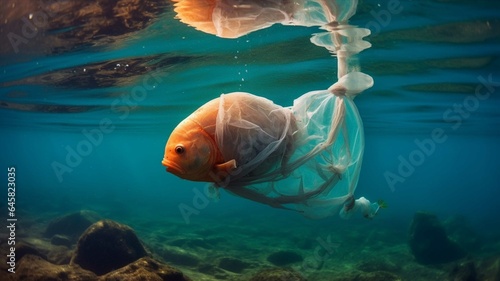 Plastic bag floating on the coral reef. Concept of pollution of the ocean.