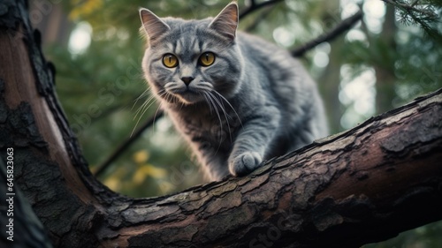 Beautiful gray cat sitting on a tree branch in the autumn forest