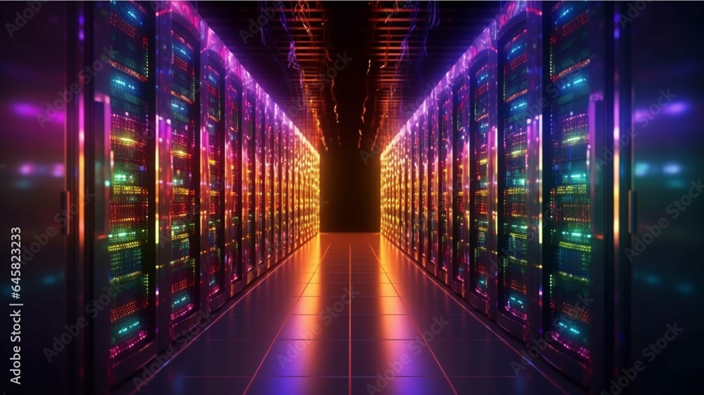 Fototapeta premium Futuristic server room with glowing lights and lightning. 3D rendering 