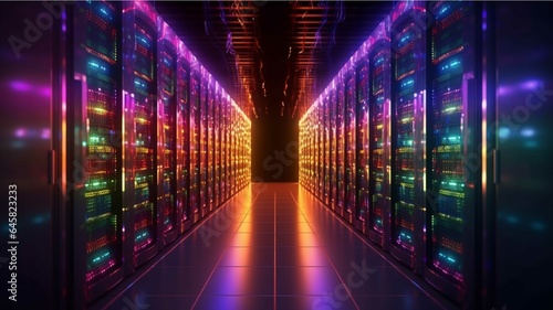 Futuristic server room with glowing lights and lightning. 3D rendering 