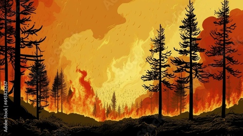 Forest fire in the forest, burning dry grass and trees in the foreground