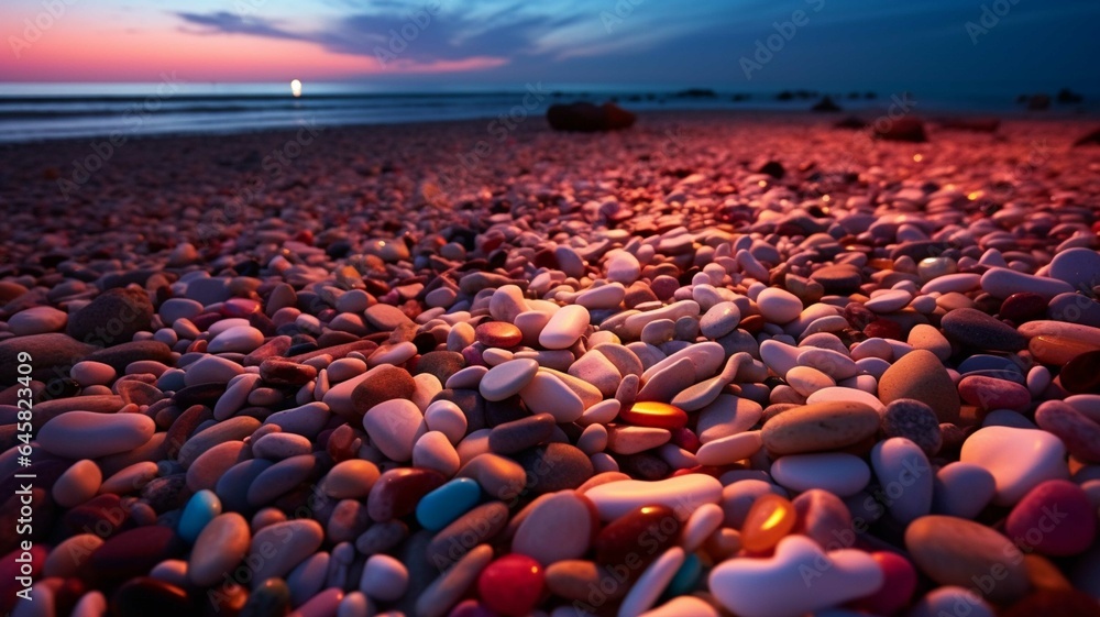 Fototapeta premium Colorful glass hearts on the beach at sunset. Colorful stones on the beach.