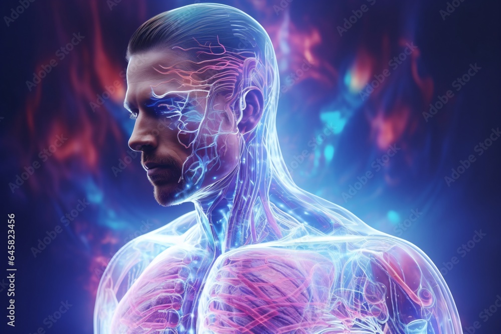 Illustration of human anatomy scan with energy flowing body to mind - obrazy, fototapety, plakaty 