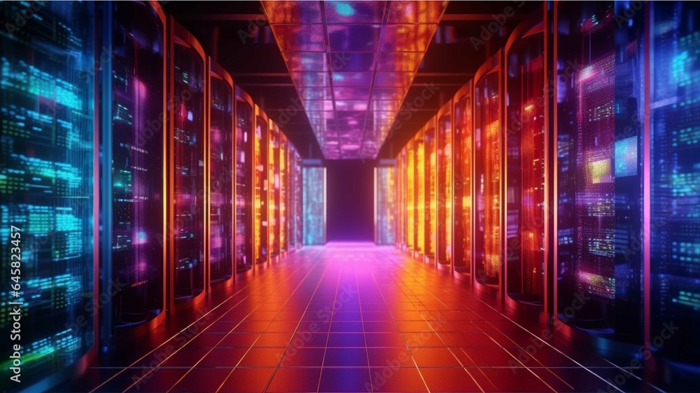 Futuristic server room with glowing lights and lightning. 3D rendering
