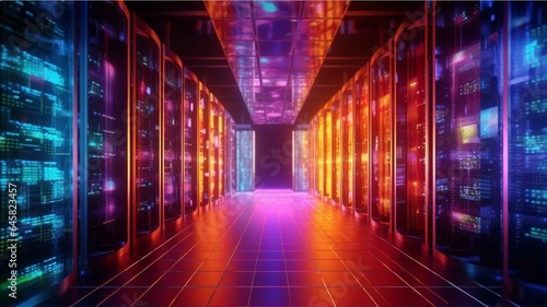 Futuristic server room with glowing lights and lightning. 3D rendering 