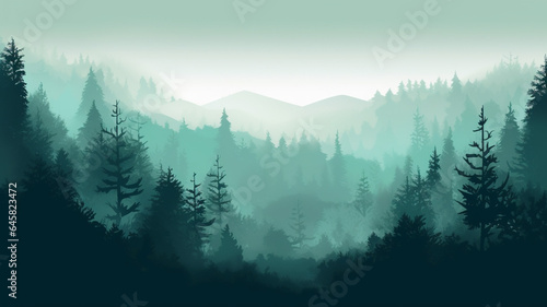 Foggy morning in the coniferous forest