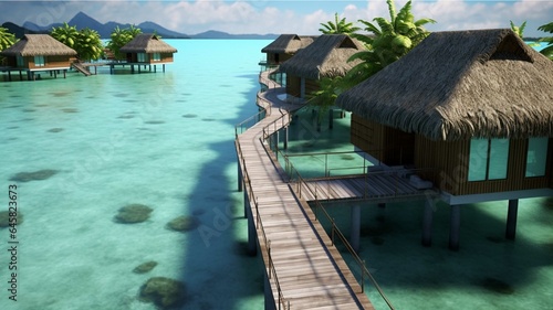 Tropical beach with water bungalows and palm trees © Samira