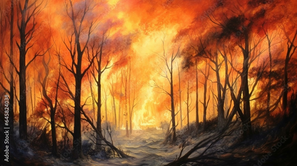 Forest fire in the winter. Illustration of a burning forest. Forest fire in the winter. Illustration of a burning forest.