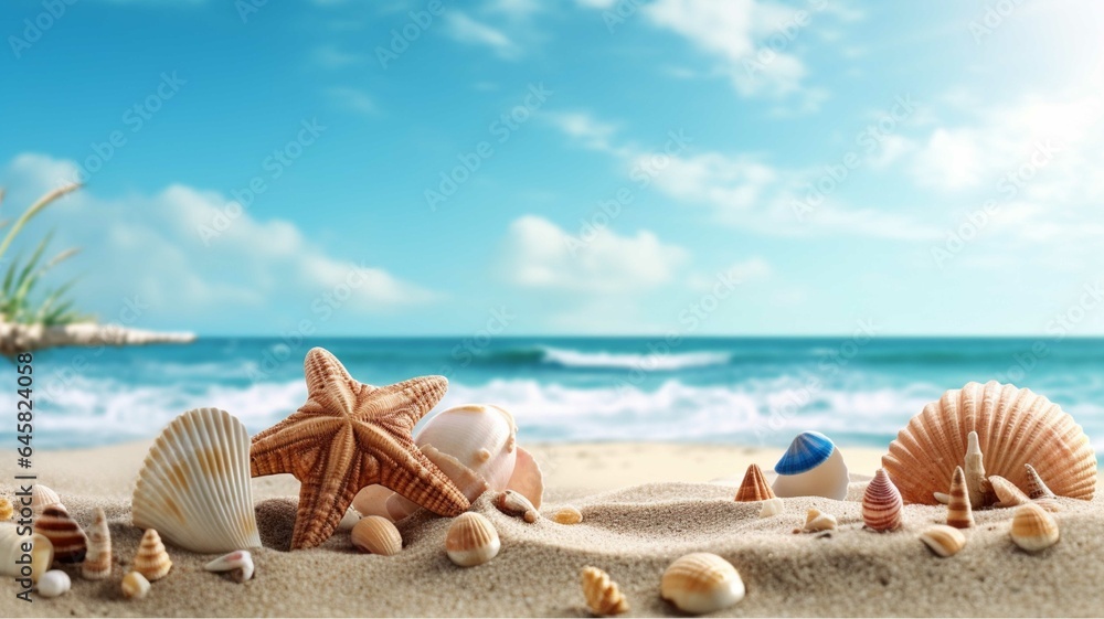 Seashells on the beach at sunset. 3d rendering