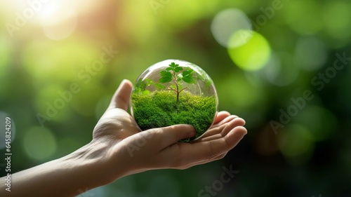 Child hands holding a glass globe with the image of a forest.