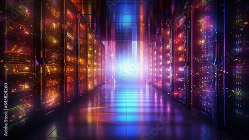 Futuristic server room with glowing lights and lightning. 3D rendering