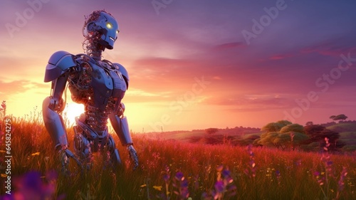 3d rendering of a robot in a field of flowers at sunset
