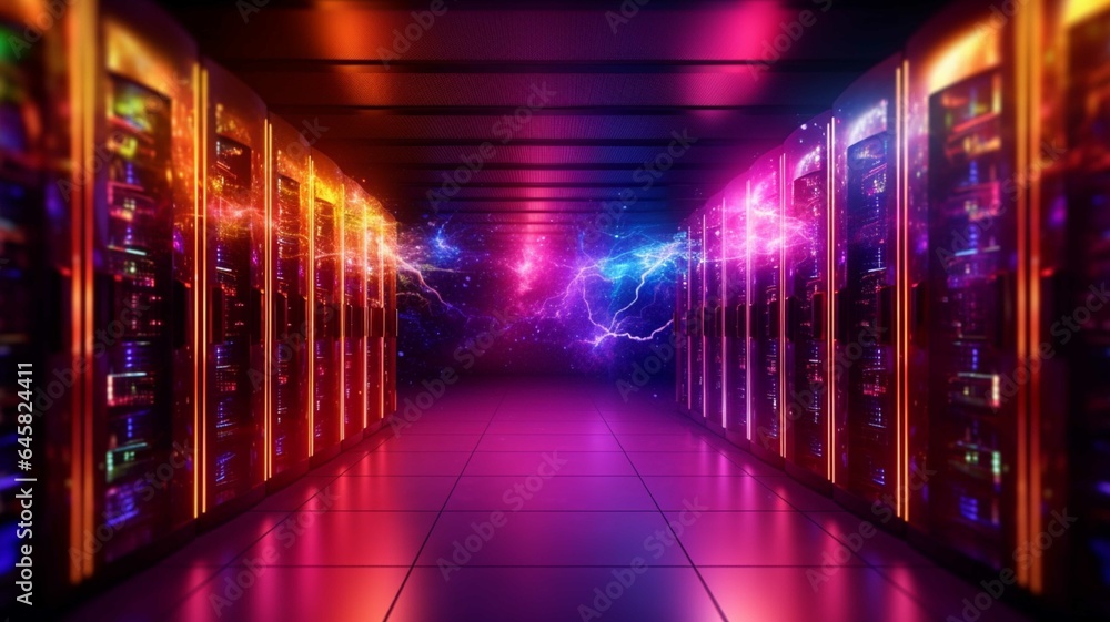 Futuristic server room with glowing lights and lightning. 3D rendering