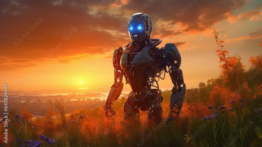 Fototapeta premium 3d rendering of a robot in a field of flowers at sunset