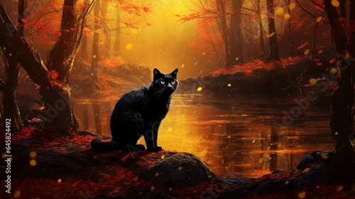 Black cat in the autumn forest with yellow leaves. Digital painting.