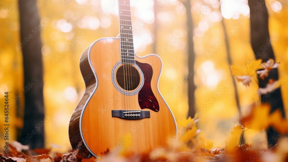 Acoustic guitar in the autumn forest on a background of yellow foliage
