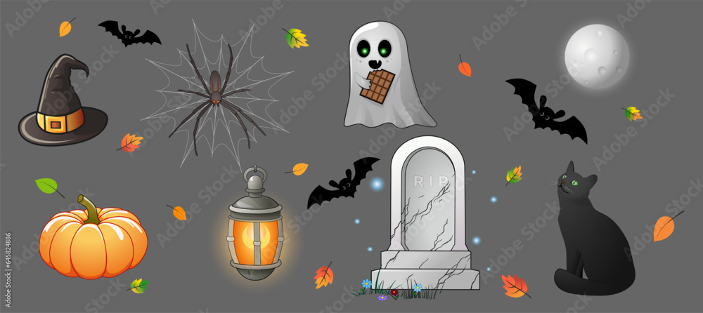 Set of isolated Halloween items: witch hat, spider on the web, ghost with chocolate, pumpkin, lantern, gravestone, moon, blask cat, bat and leaves. Vector illustration - obrazy, fototapety, plakaty 