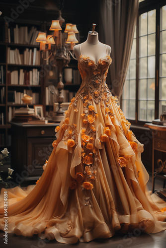 Haute couture evening lush golden beautiful full length dress with flowers in a tailor room, atelier. Vertical fashion shot