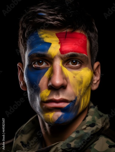 a man with a painted Romanian flag on face