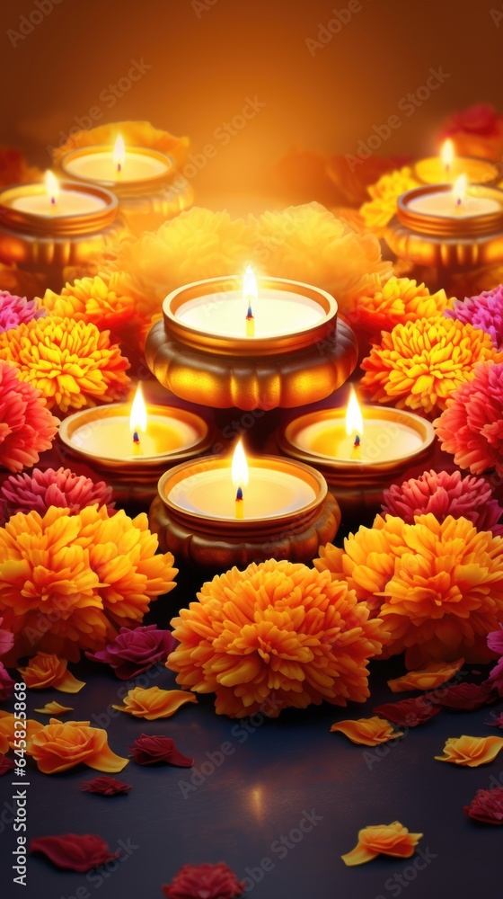 Obraz premium Burning diya oil lamp. Traditional symbol of Indian Happy Diwali Festival banner. Celebration festival of light colorful Background with diyas..