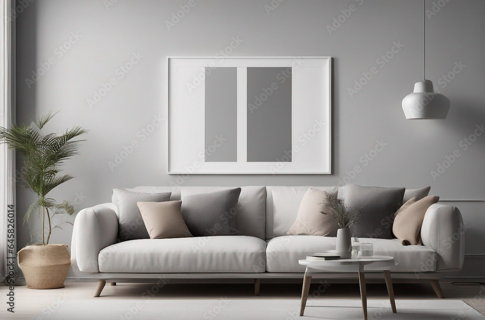 Fototapeta premium Blank picture frame mockup on white wall. White living room design. View of modern Scandinavian home