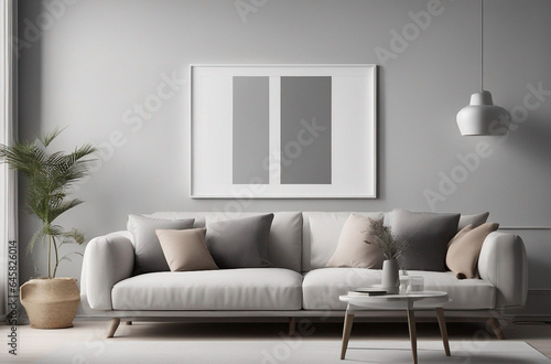 Blank picture frame mockup on white wall. White living room design. View of modern Scandinavian home