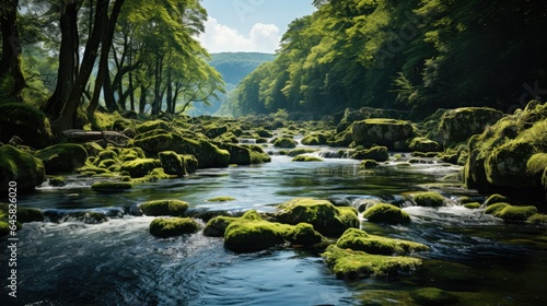 River flowing waterfall from wild forest. Green mossy river rocks