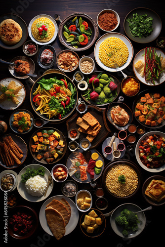 Overhead View of a Table Laden with Various Food Items